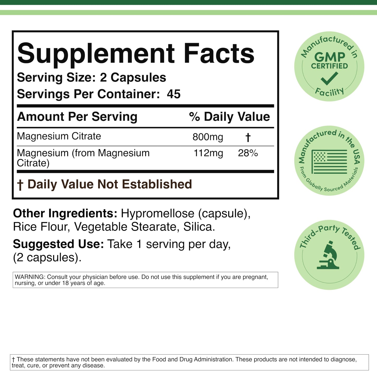 Magnesium Citrate 800mg, 180 Capsules, Digestion & Constipation Support, Vegan Safe, Non-GMO, Double Wood Supplements