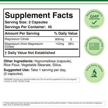 Magnesium Citrate 800mg, 180 Capsules, Digestion & Constipation Support, Vegan Safe, Non-GMO, Double Wood Supplements