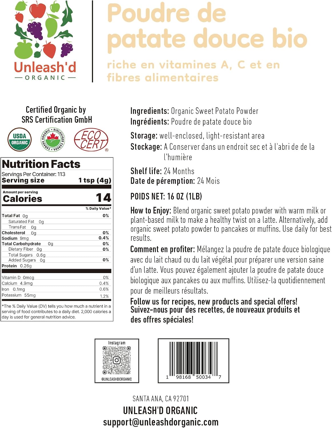 Unleash’d Organic Organic Sweet Potato Powder 16oz – 100% Pure Superfood, Rich in Antioxidants & Vitamins, Supports Immunity & Digestive Health