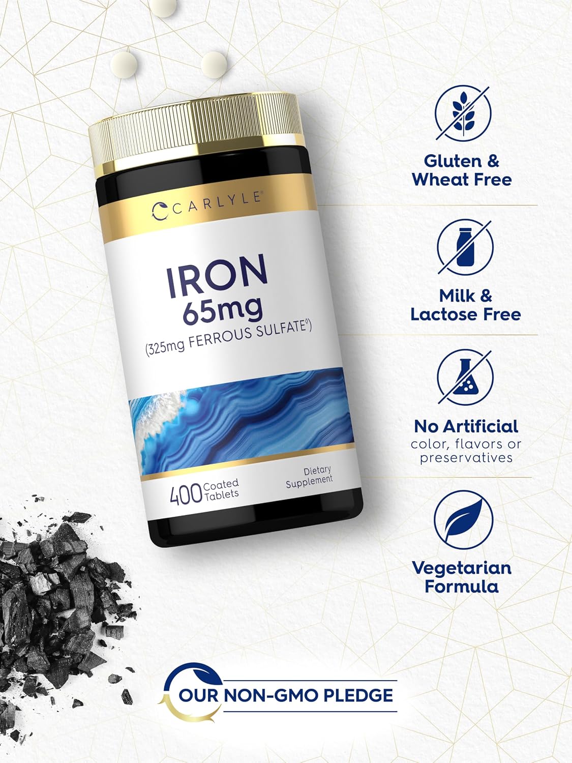 Carlyle Iron Ferrous Sulfate 325mg, 65 mg | 400 Tablets | Non-GMO, Gluten Free, and Vegetarian Supplement | High Potency