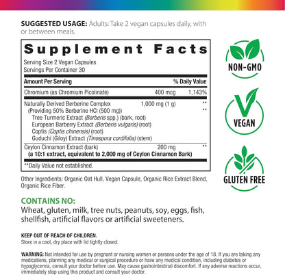 Rainbow Light Berberine Supplement with Ceylon Cinnamon | 60 Capsules | 1,000mg | Plus Chromium | Sourced from 4 Potent Herbs