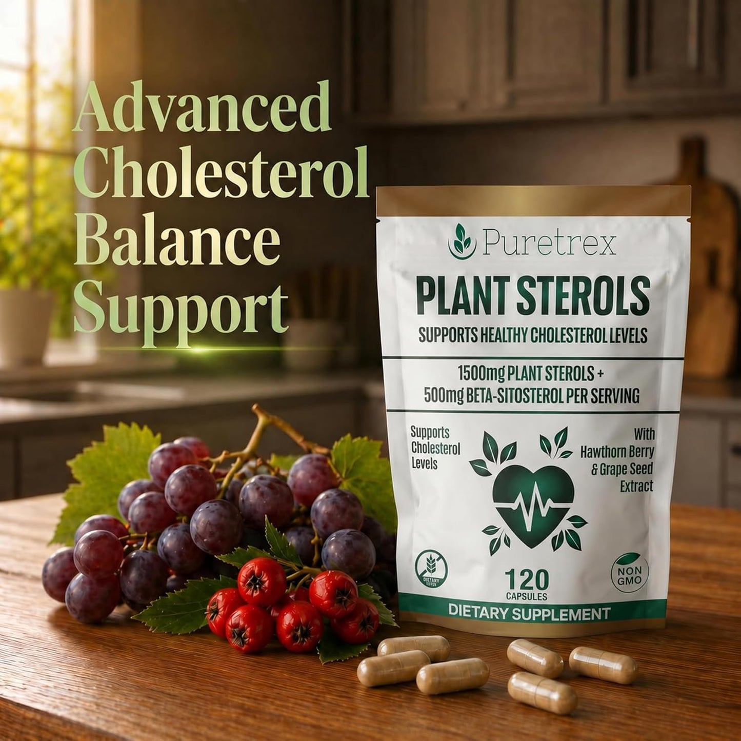 Plant Sterols Complex with Beta-Sitosterol, CoQ10, Hawthorn Berry & Grape Seed Extract, 120 Vegan Capsules, Cardiovascular Wellness & Cholesterol Balance Daily Support, Non-GMO, UK Made