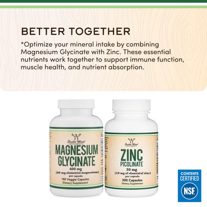 Magnesium Glycinate 400mg | 180 Capsules | Sleep, Muscle, & Heart Support | Vegan, Third Party Tested, Gluten Free, Non-GMO, by Double Wood Supplements