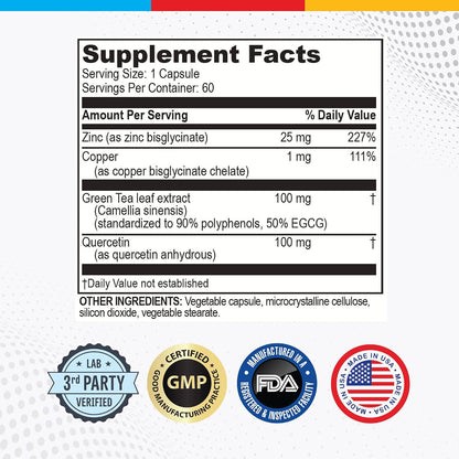 Brain Basics Opti Zinc Plus - Zinc Supplement with Quercetin, EGCG, and Copper. Immune Support Formula - 60 Capsules