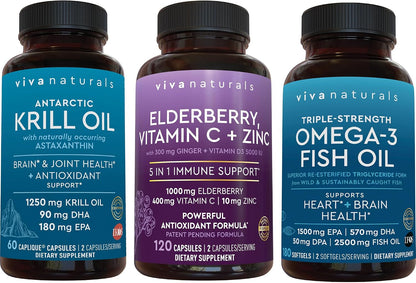 Viva Naturals Antarctic Krill Oil, Elderberry Vitamin C & Zinc and Triple-Strength Omega 3 Fish Oil Bundle, Providing Omega 3 EPA and DHA, Elderberry for Immune Support