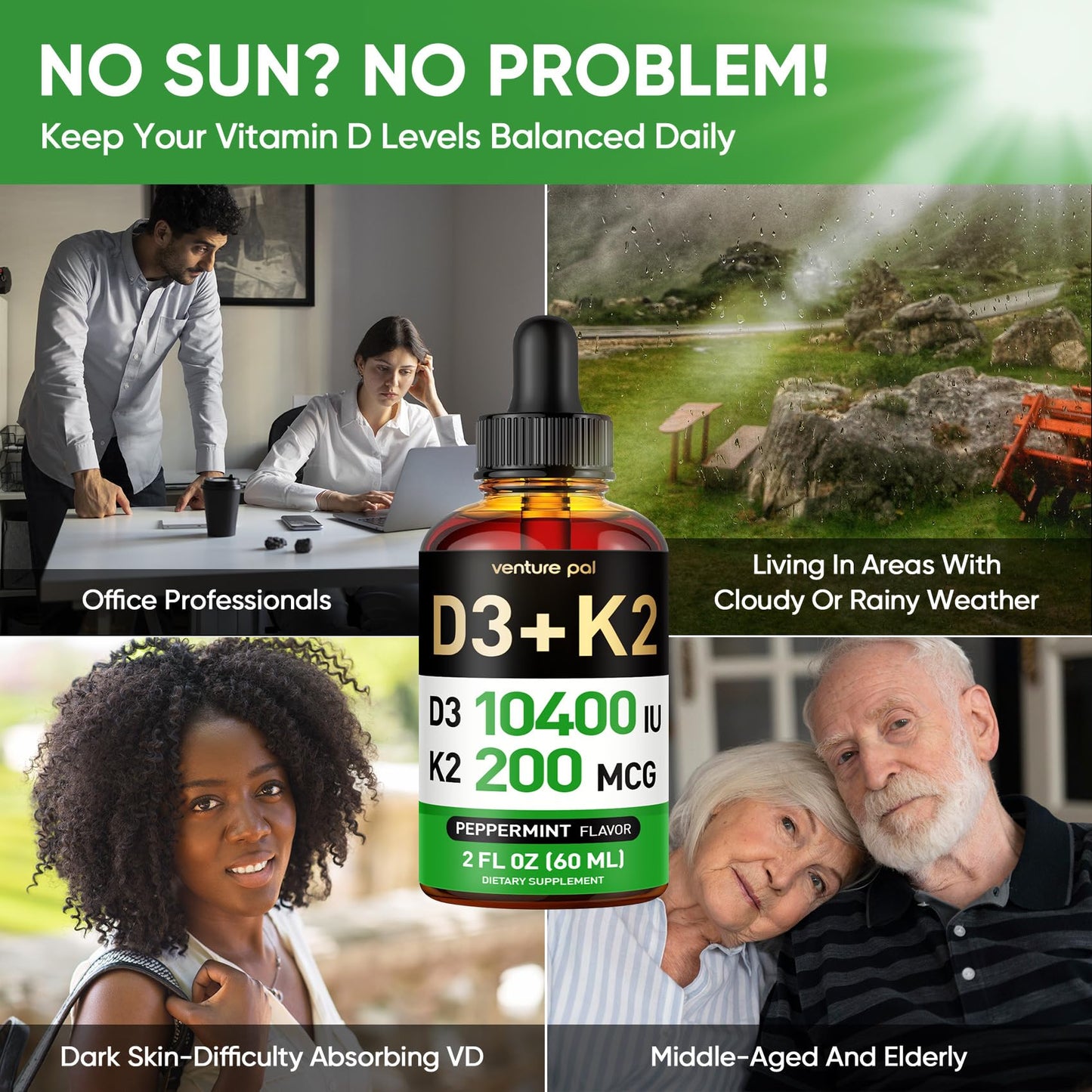 5-in-1 Vitamin D3 K2 Drops, Vitamin D3 10400 IU & K2(MK-7) 200mcg | With Magnesium, MCT Oil, Zinc, Maximum Absorption Vitamin D Liquid for Bone, Mood & Immune - Sugar Free | 2 FL OZ | 60 Days