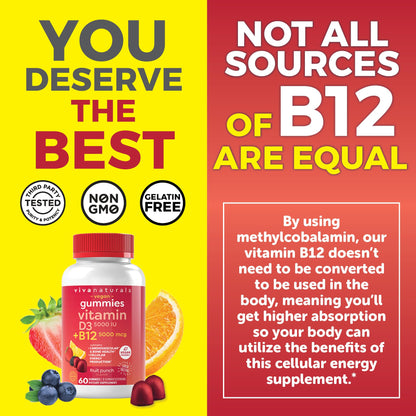 Viva Naturals Plant-Based B12 Gummies with Vitamin D3 - Chewable 5000mcg B12