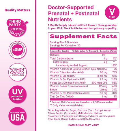 Pink Stork Fertility + Prenatal + Postnatal Gummy Vitamins, 60 Count | Full Motherhood Journey Support, Folate, B Vitamins, Zinc & Biotin, Postpartum Essentials, Assorted Fruit
