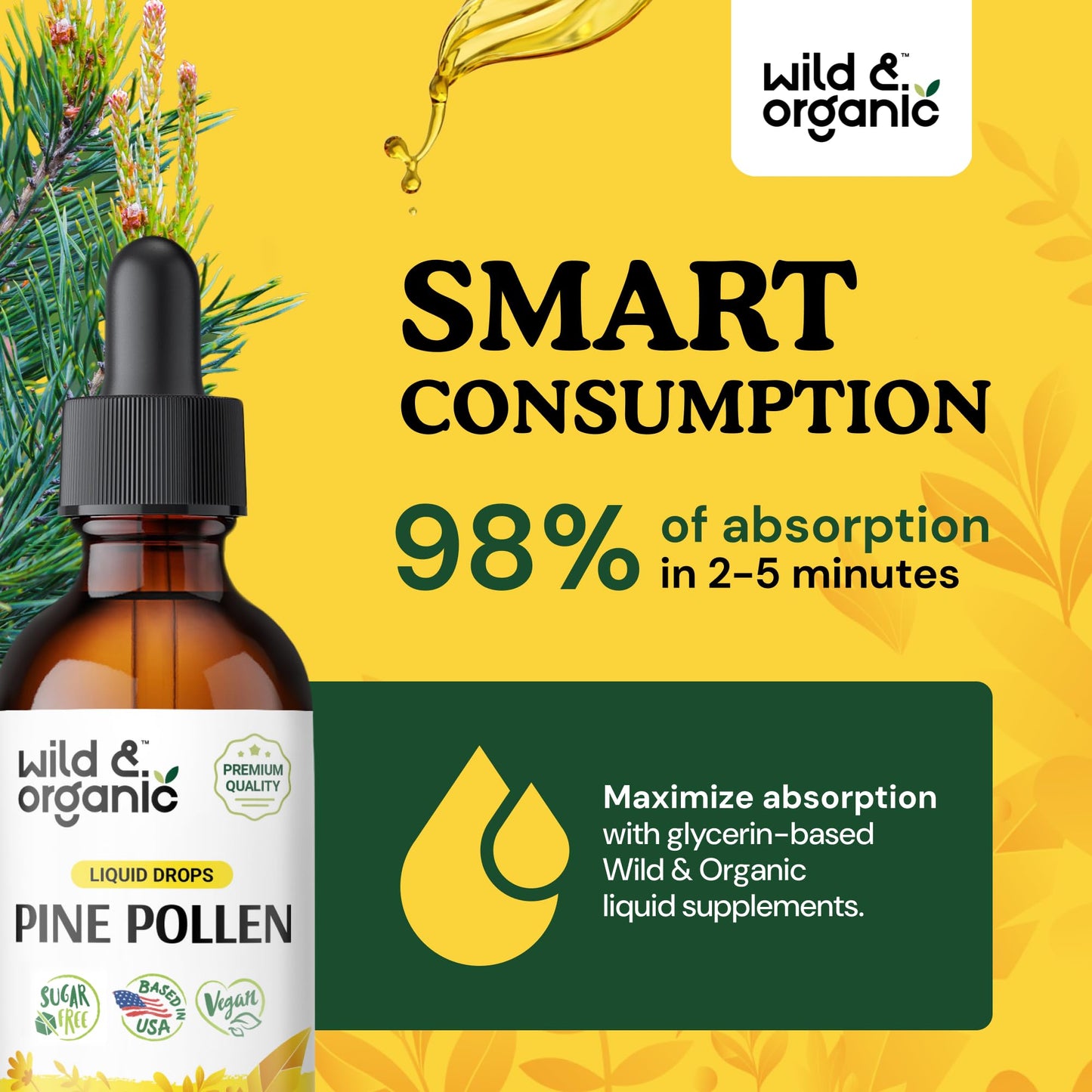 Wild & Organic Pine Pollen Tincture - Pine Pollen for Men & Women - Add to Tea & Drink - Pure Pinus Massoniana Extract Drops - Vegan, Sugar & Alcohol-Free Liquid Supplement - 4 fl oz