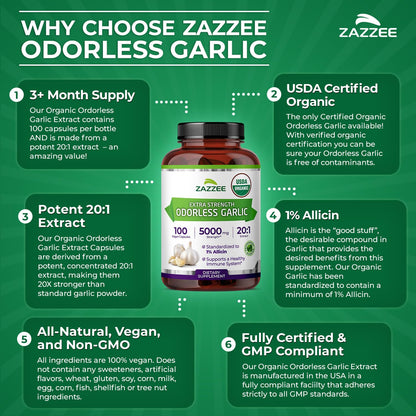 Zazzee USDA Organic Odorless Garlic 20:1 Extract, 1% Allicin, 100 Vegan Capsules, 3+ Month Supply, Allium Sativum, Immune, Circulation & Heart Health Support, All-Natural, Non-GMO, Made in the USA