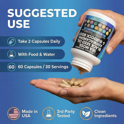 Clean Nutraceuticals Sea Moss Black Seed Oil Ashwagandha Turmeric Bladderwrack Burdock & Vitamin C Vitamin D3 with Elderberry Manuka Dandelion Yellow Dock Iodine Chlorophyll ACV