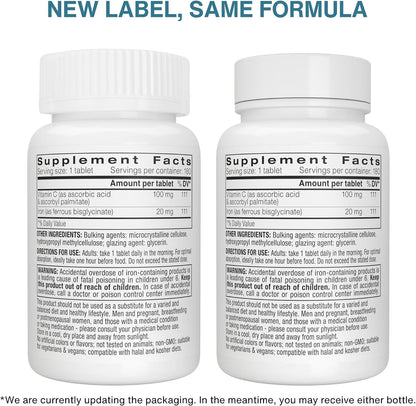 Igennus Clean & Gentle Iron Bisglycinate 20mg Plus Vitamin C, 6 Month Supply, Targeted Release, Chelated High Absorption Ferrous Bisglycinate, Vegan, 180 Tablets