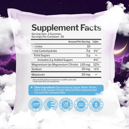 Melatonin 20mg Gummies with Magnesium Citrate - Maximum Strength Sleep Aid for Adults with 10mg of Melatonin Per Gummy - Gluten-Free, Non-GMO, Vegetarian, Mixed Berry Flavor - 60 Gummies