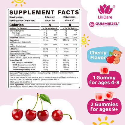Kids Calm Magnesium Bisglycinate Saffron Gummies + Vegan Omega 3 - Magnesium Glycinate Chelated Supplement for Kids w/L-Theanine & Chamomile, Natural Calming Supplement Focus Gummies Sugar Free, 60ct