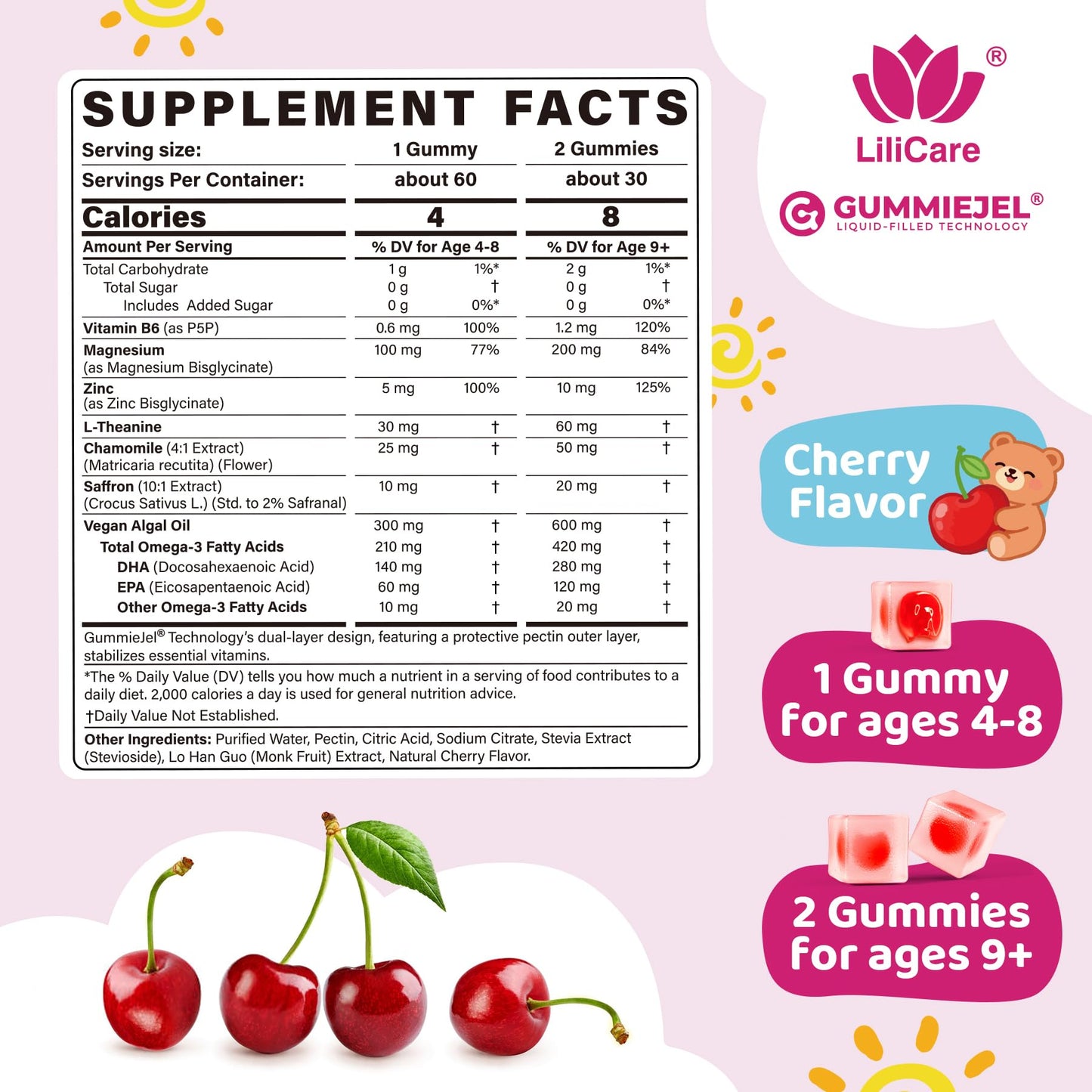 Kids Calm Magnesium Bisglycinate Saffron Gummies + Vegan Omega 3 - Magnesium Glycinate Chelated Supplement for Kids w/L-Theanine & Chamomile, Natural Calming Supplement Focus Gummies Sugar Free, 60ct