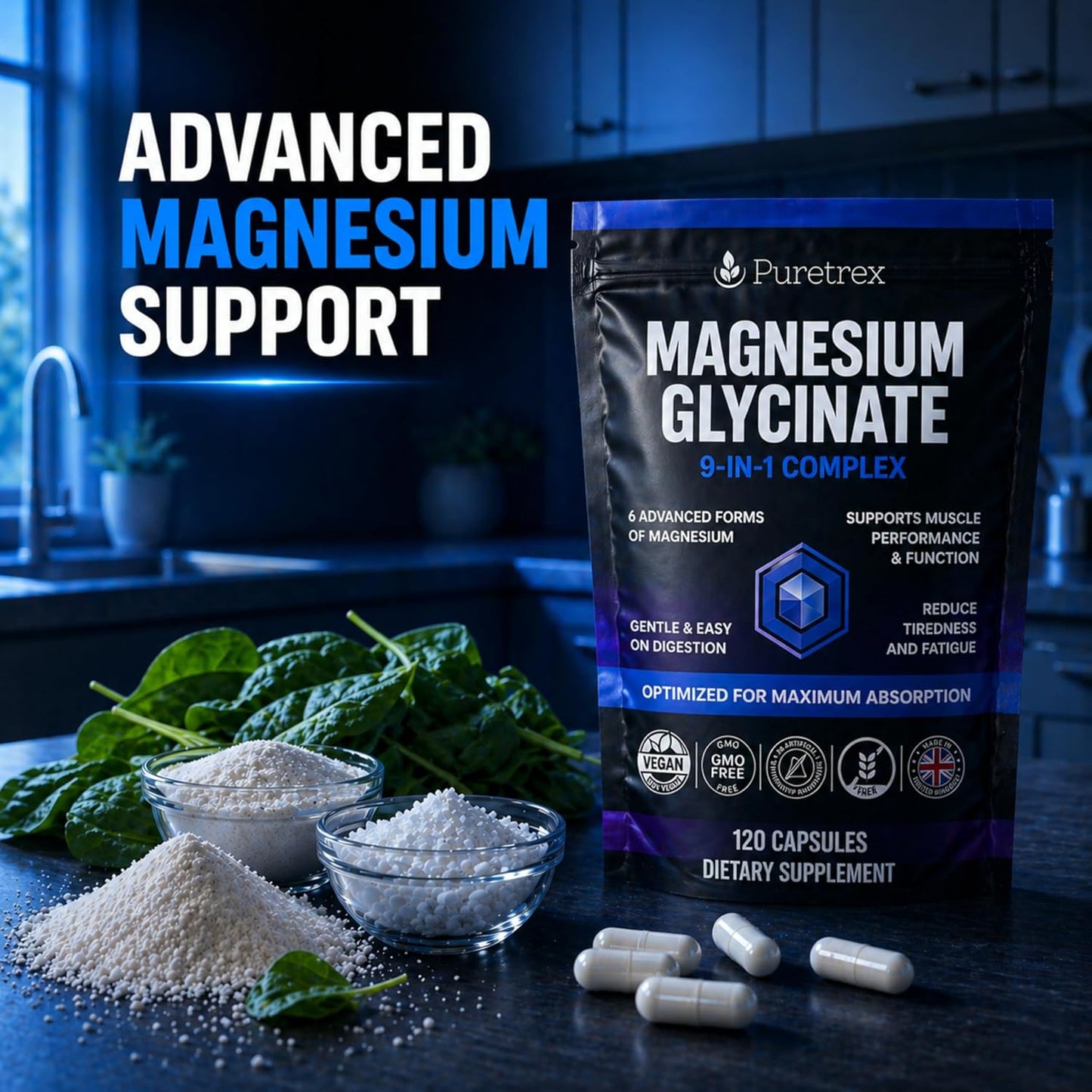 Magnesium Glycinate Complex, 120 Vegan Capsules, 9-in-1 Formula with 6 Advanced Forms, Supports Muscle Performance, Maximum Absorption