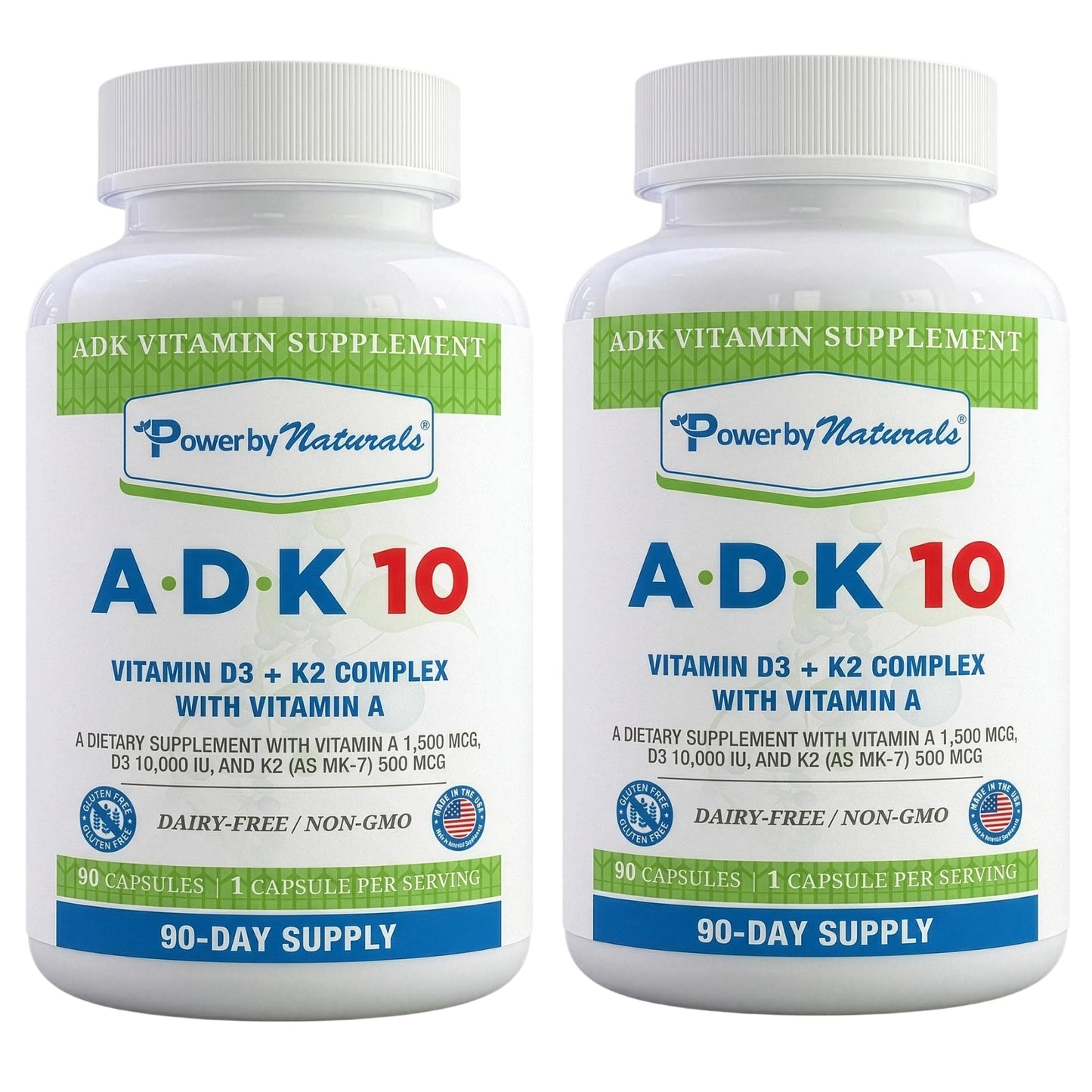 Power By Naturals ADK 10 Vitamin Supplement – Vitamins A, D3 & K2 MK-7 for Bone, Heart & Immune Health – Gluten-Free, Soy-Free – 90 Capsules (3-Month Supply)