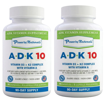 Power By Naturals ADK 10 Vitamin Supplement – Vitamins A, D3 & K2 MK-7 for Bone, Heart & Immune Health – Gluten-Free, Soy-Free – 90 Capsules (3-Month Supply)