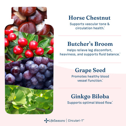 LifeSeasons Circulari-T - Blood Circulation Supplement - Supports Artery, Capillary & Vein Health - Butcher’s Broom, Ginkgo, Cayenne, Grape Seed & Horse Chestnut - 90 Capsules