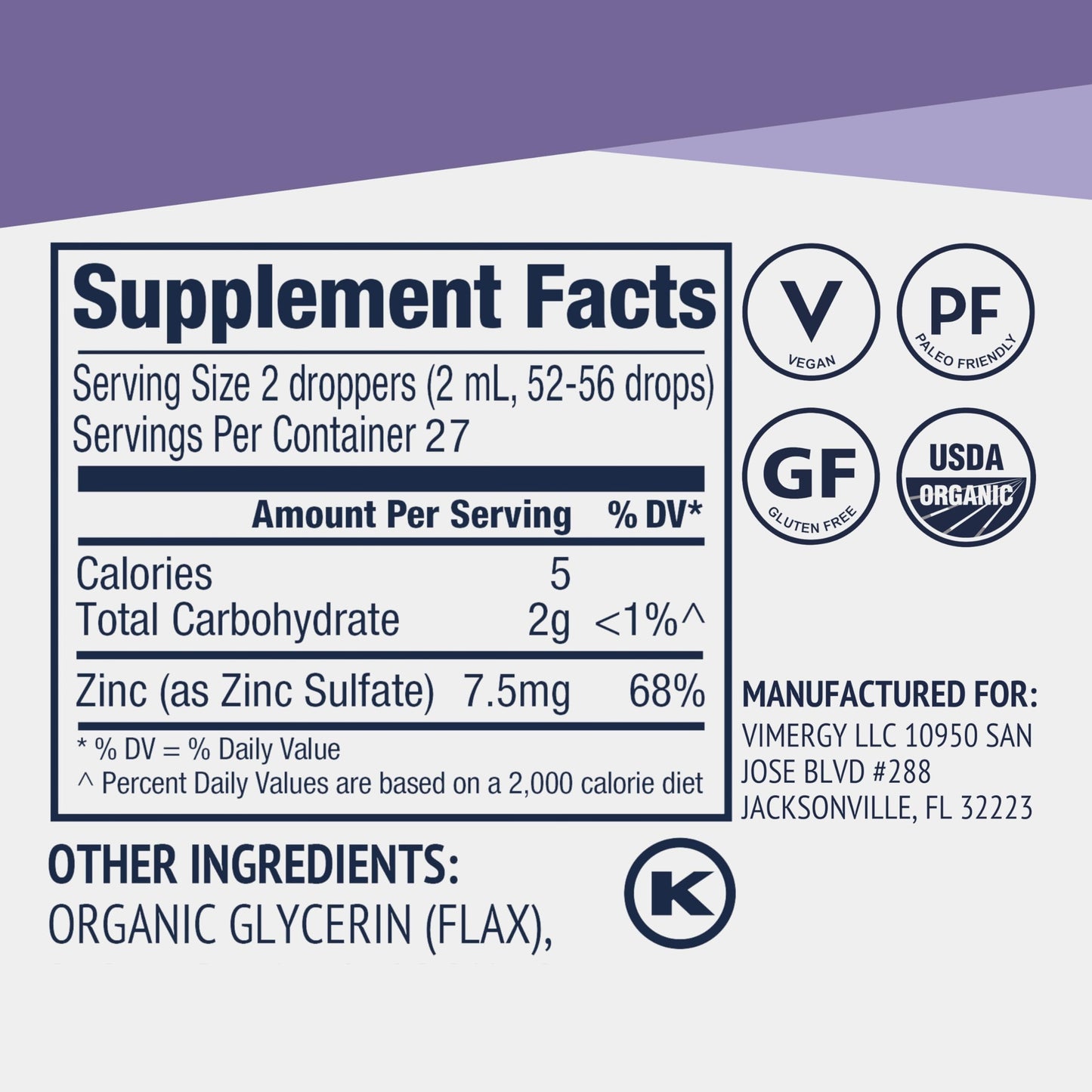 VIMERGY USDA Organic Zinc Supplements for Women & Men (7.5mg Liquid Zinc Per Serving) Fast-Absorbing Immune Support, Promotes Healthy Bones & Skin, Vegan, Up to 57 Servings (115 mL)