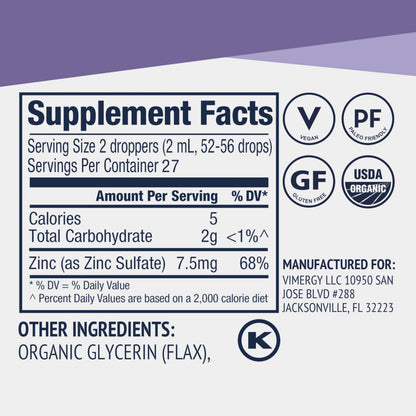 VIMERGY USDA Organic Zinc Supplements for Women & Men (7.5mg Liquid Zinc Per Serving) Fast-Absorbing Immune Support, Promotes Healthy Bones & Skin, Vegan, Up to 57 Servings (115 mL)