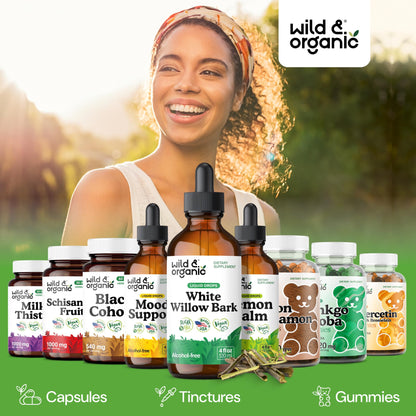 Wild & Organic White Willow Bark Tincture - Liquid Supplement for Overall Support - Alcohol & Sugar-Free White Willow Extract Drops - Salix Alba Bark - Vegan, No Additives - 4 fl oz