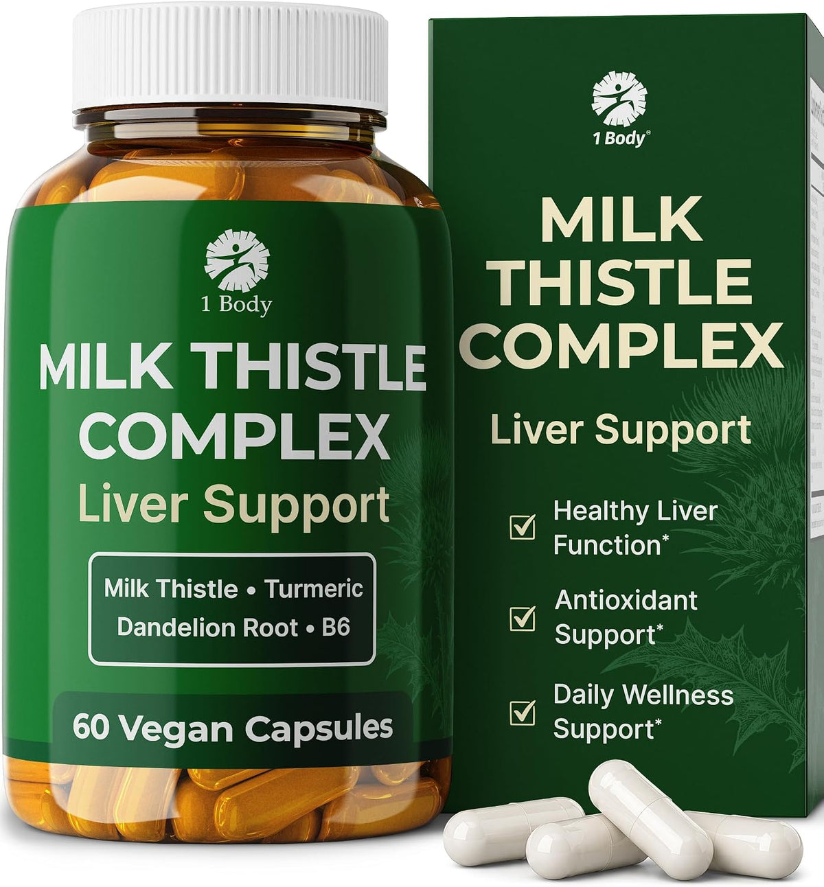 1 Body Milk Thistle Complex, Liver Support, 60 Vegan Capsules, 30 Servings