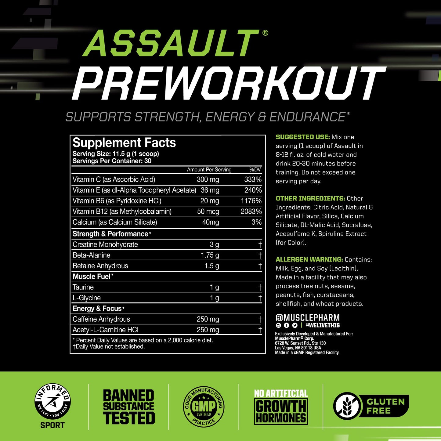 MusclePharm Assault Pre Workout Powder for Men & Women – Energy & Strength Boost Pre-Workout Supplements with Beta Alanine, Caffeine, Creatine & Betaine Anhydrous – 30 Servings, Fruit Punch Flavor