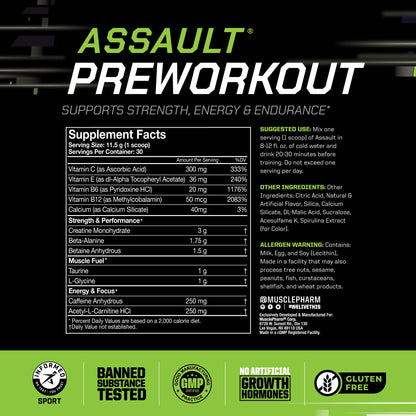 MusclePharm Assault Pre Workout Powder for Men & Women – Energy & Strength Boost Pre-Workout Supplements with Beta Alanine, Caffeine, Creatine & Betaine Anhydrous – 30 Servings, Fruit Punch Flavor