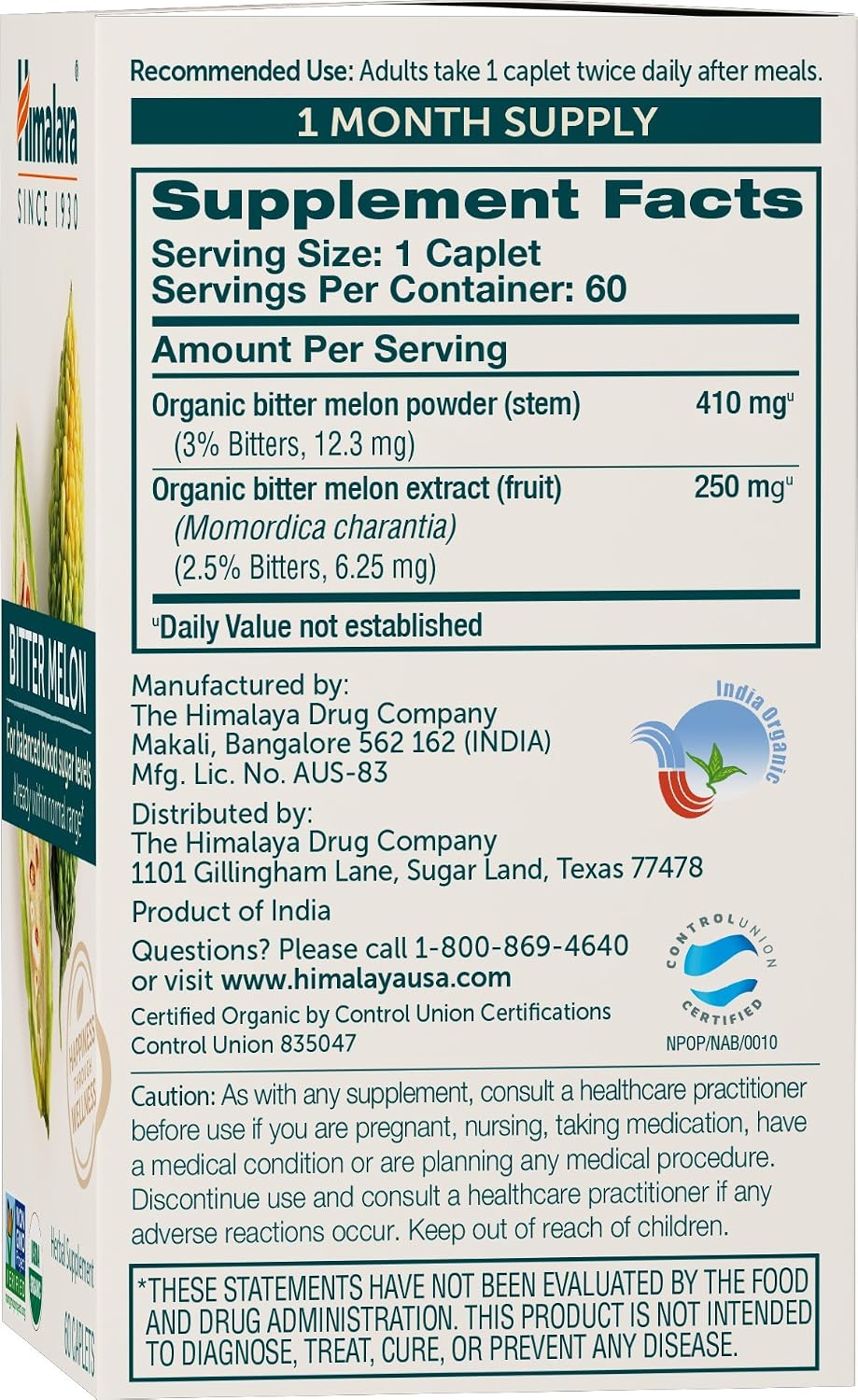 Himalaya USDA Organic Bitter Melon Capsules, 660 mg, 60 Caplets