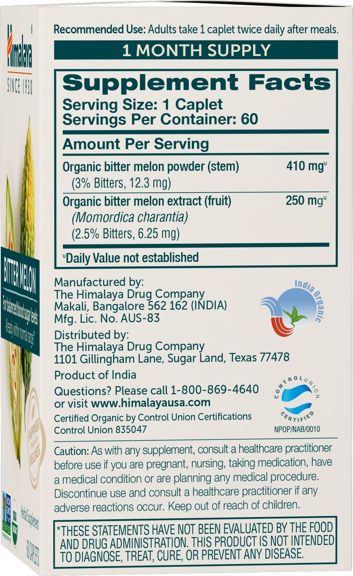 Himalaya USDA Organic Bitter Melon Capsules, 660 mg, 60 Caplets