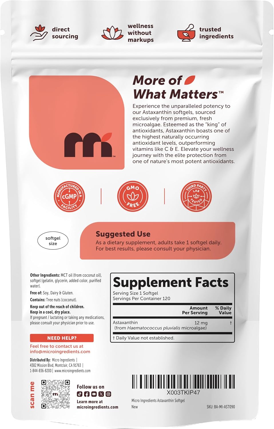 Micro Ingredients Astaxanthin 12mg with MCT Oil, 120 Softgels, 4 Month Supply | Premium Astaxanthin Antioxidant Supplements* | Fresh Microalgae Source | Triple Strength, Non-GMO, Gluten Free, No Soy