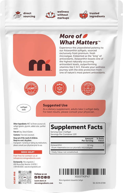 Micro Ingredients Astaxanthin 12mg with MCT Oil, 120 Softgels, 4 Month Supply | Premium Astaxanthin Antioxidant Supplements* | Fresh Microalgae Source | Triple Strength, Non-GMO, Gluten Free, No Soy