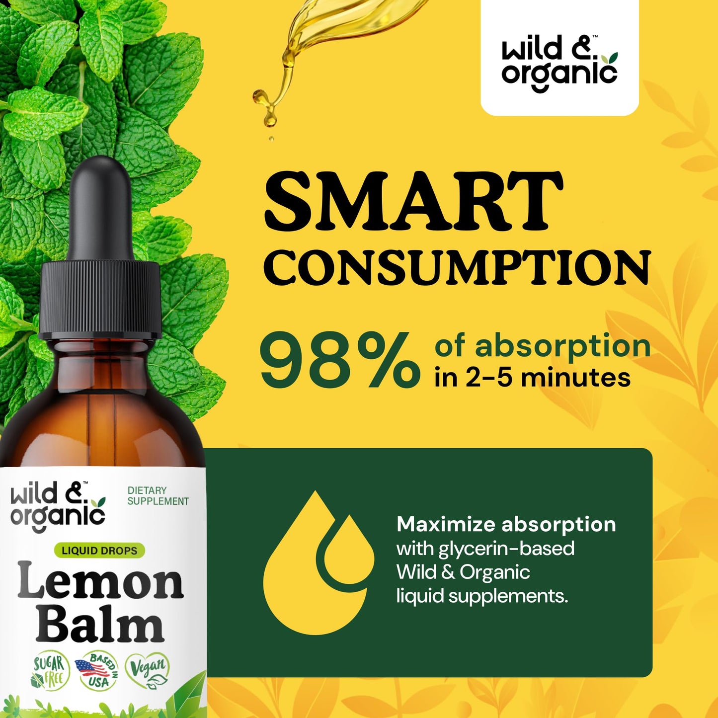 Wild & Organic Lemon Balm Tincture - Good Mood Support - Melissa Lemon Balm Extract Drops - Add to Tea for Relaxation - Vegan, Sugar & Alcohol-Free Leaf Supplement - 4 fl oz