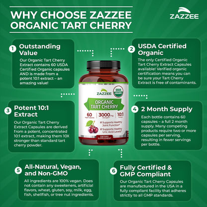Zazzee USDA Organic Tart Cherry 10:1 Extract, 120 Vegan Capsules, 4 Month Supply, Montmorency Cherry, Daily Wellness Antioxidant Support, Organic Herbal Supplement, All-Natural, Non-GMO, Made in USA