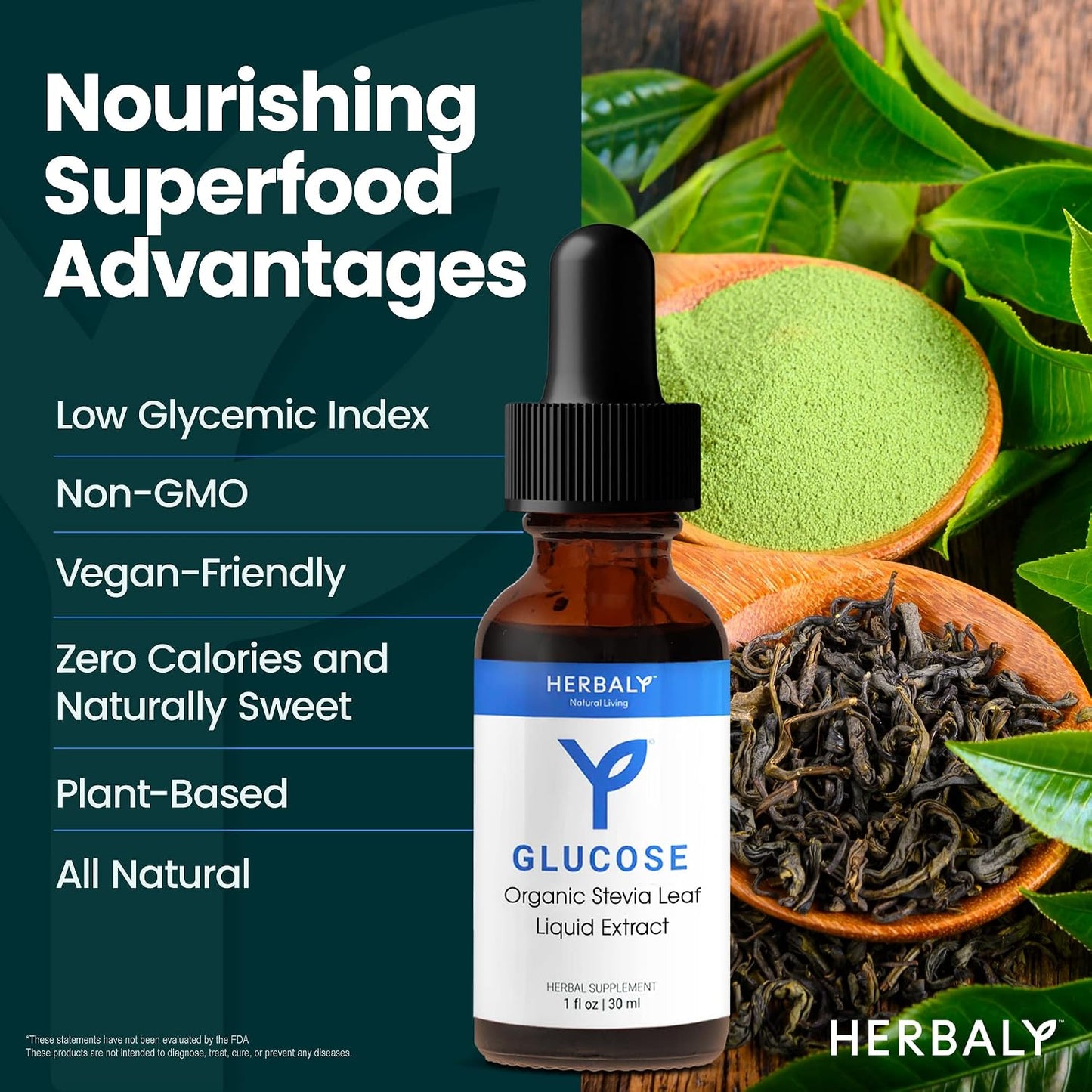 Herbaly Glucose Organic Stevia Leaf Sweetener - Antioxidant Rich Blend - Balanced Systems & Energy- Natural Wellness - Delicious Daily Sweetness For Tea, Coffee, & More - Vegan Formula - 1 fl oz
