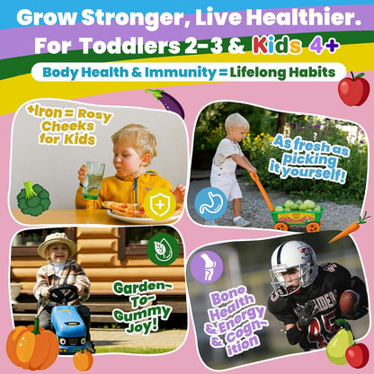 Toddlers 2-3 & Kids 4+ Picky Eater Vitamins with Iron, for Minors Aged 2-17, Children Teens Multiviamin Supergreen Filled Gummies, Methylated B6, B9,B12, Fruits + Veggies + Mushroom, Sugar Free