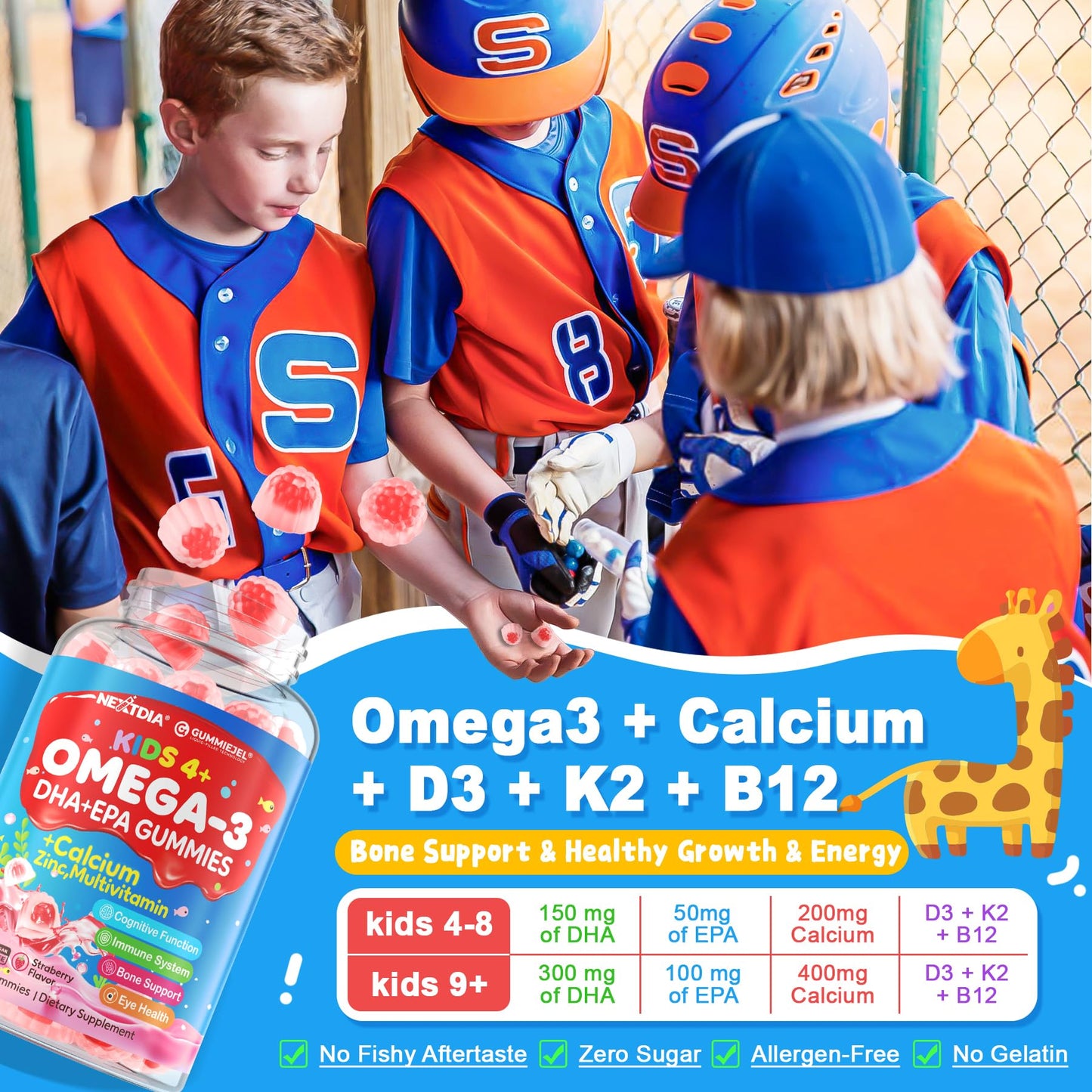 Nextdia Omega 3 (EPA/DHA) Filled Gummies for Kids Teen with Multivitamin, Calcium + D3 + K2 + Zinc, Plus Vitamin A B1 B2 B12 C, Selenium, Iodine for Brain, Eye, Bone, Energy, No Fish Taste, Sugar Free