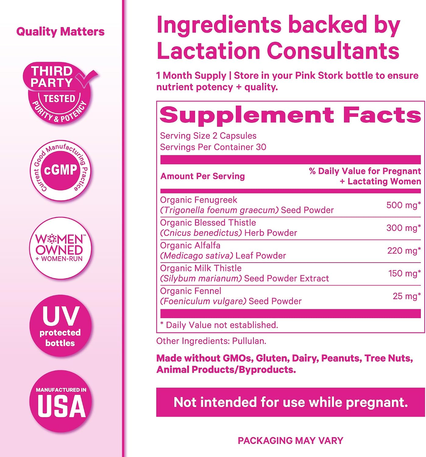 Pink Stork Total Lactation Supplement for Breast Milk Supply, Organic Fenugreek and Alfalfa to Support Breastfeeding, Milk Flow, and Production, Postpartum Essentials - 60 Capsules