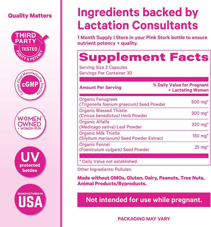 Pink Stork Total Lactation Supplement for Breast Milk Supply, Organic Fenugreek and Alfalfa to Support Breastfeeding, Milk Flow, and Production, Postpartum Essentials - 60 Capsules