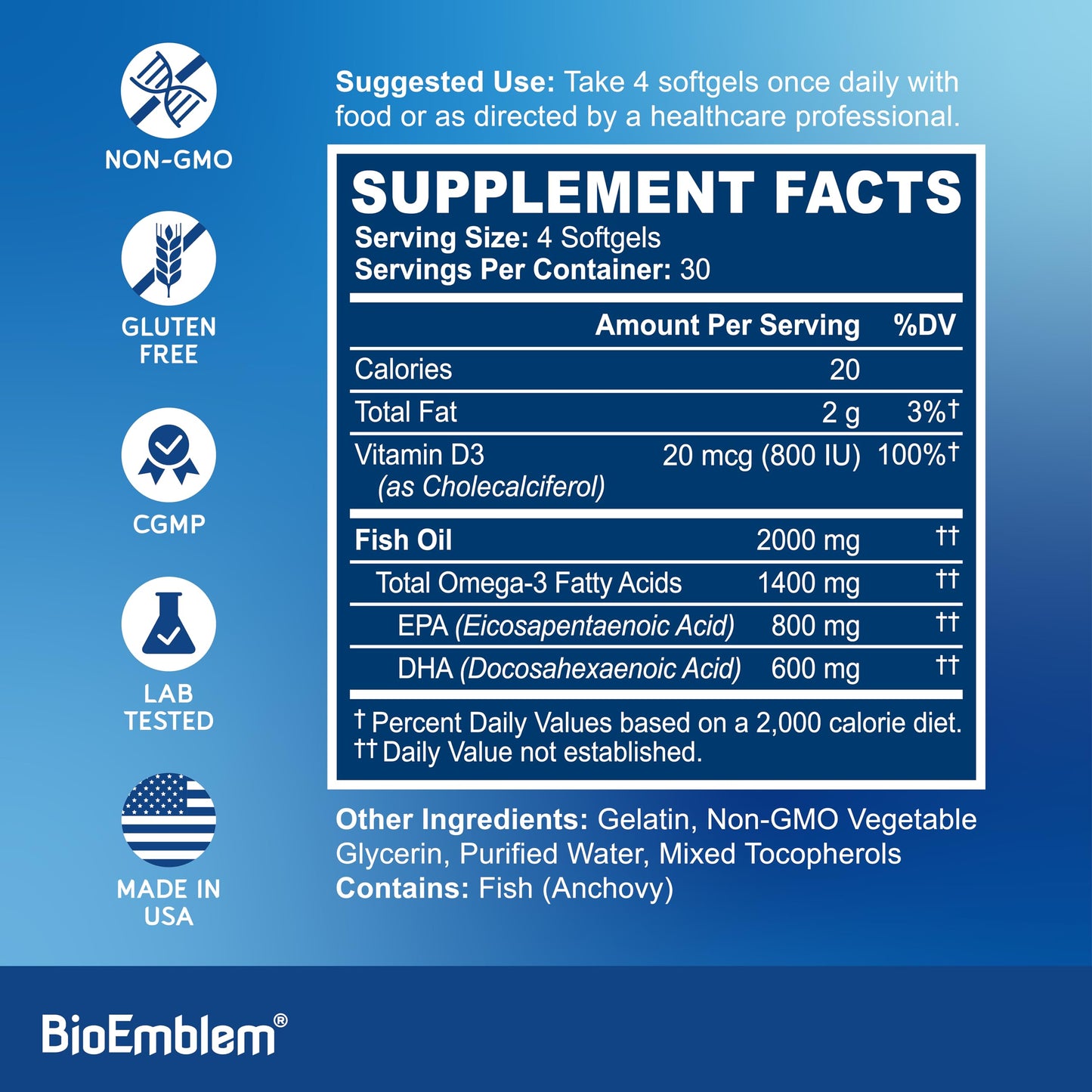 BioEmblem Omega-3 Fish Oil 2000mg Per Serving - Small Size Softgels, High Absorption Form, Sustainable - EPA &DHA Plus Vitamin D3, Non-GMO, Heart, Joint, & Brain Health Fish Oil Supplement, 360 Ct