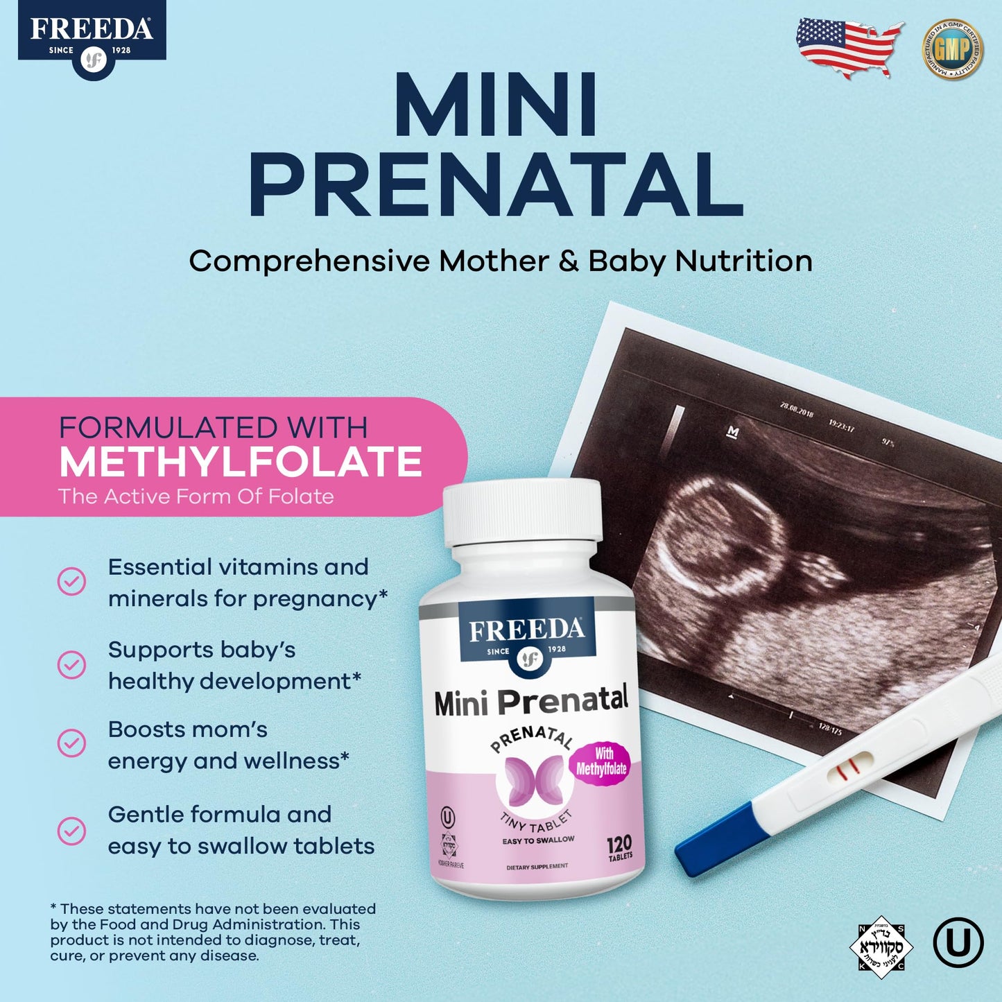 FREEDA Mini Prenatal Vitamins for Pregnant Women – 240 Tiny Tablets | Supports Mother & Baby Nutrition – Includes Methylfolate, Calcium, & Essential Nutrients – Vegan, Kosher, Easy-to-Swallow