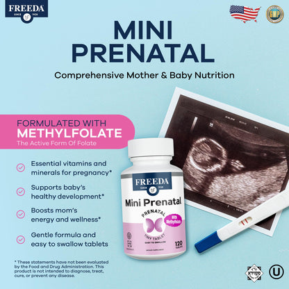 FREEDA Mini Prenatal Vitamins for Pregnant Women – 240 Tiny Tablets | Supports Mother & Baby Nutrition – Includes Methylfolate, Calcium, & Essential Nutrients – Vegan, Kosher, Easy-to-Swallow