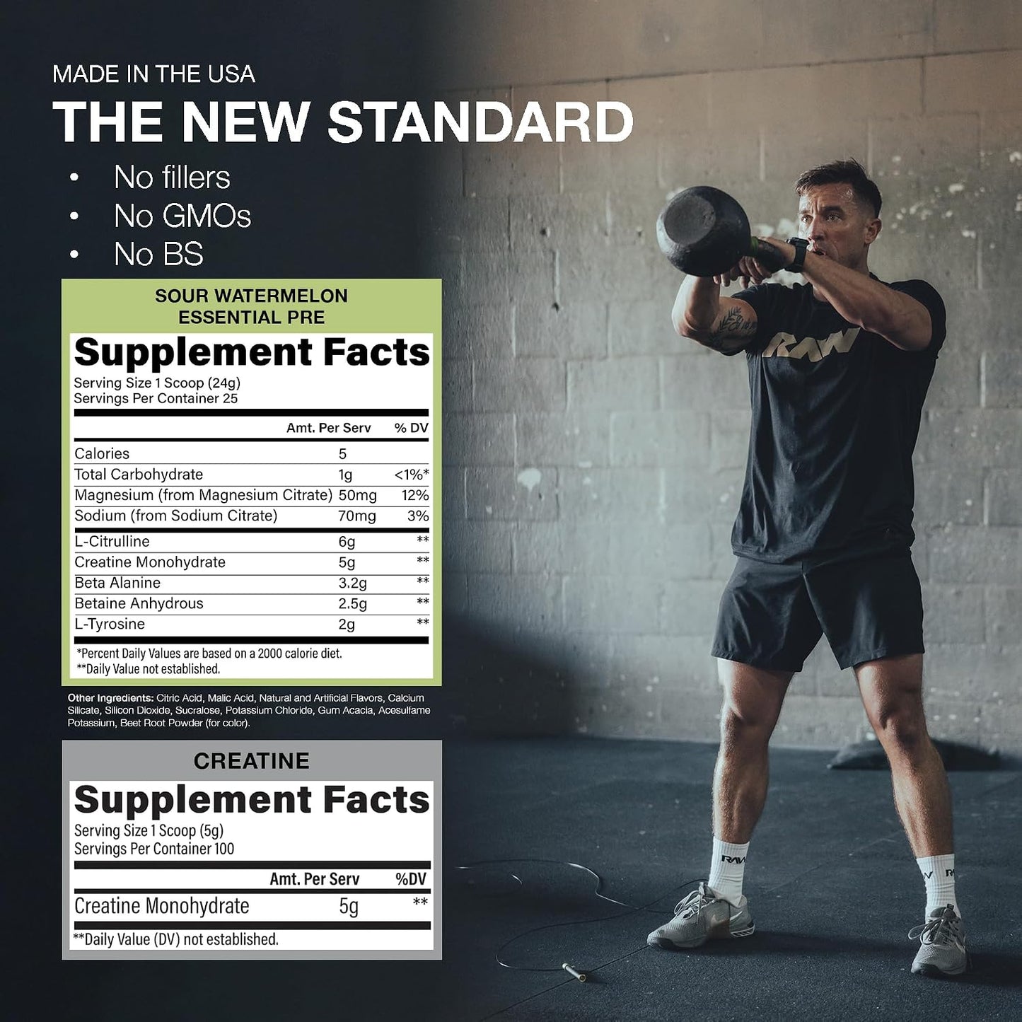 RAW Nutrition Creatine Monohydrate & Sour Watermelon Pre-Workout Powder Bundle