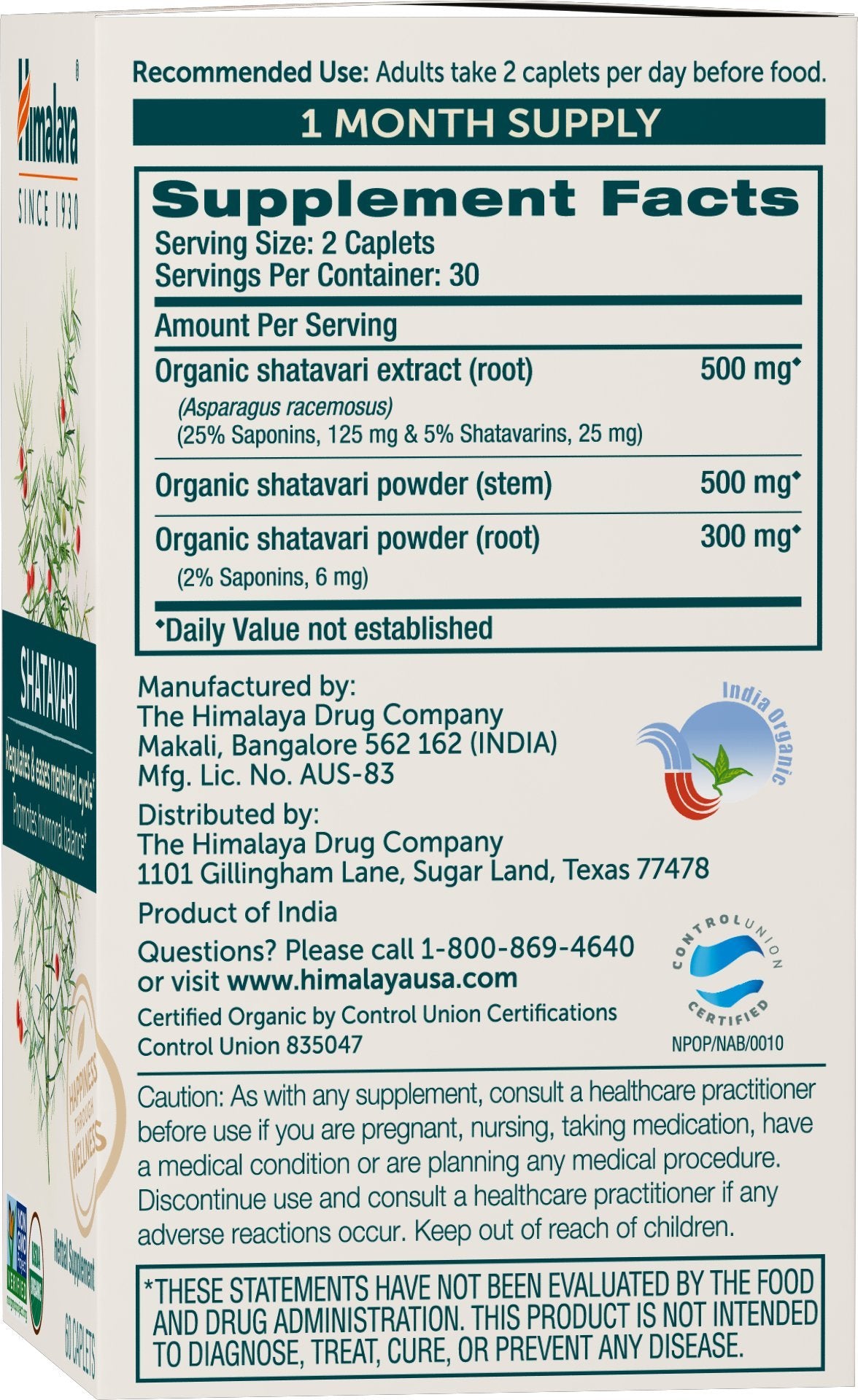 Himalaya USDA Organic Shatavari Capsules - Shatavari Capsules for Women, Promotes Hormone Balance and Menstrual Cramp Relief - Vegan, Gluten Free, 1300 mg, 60 Caplets