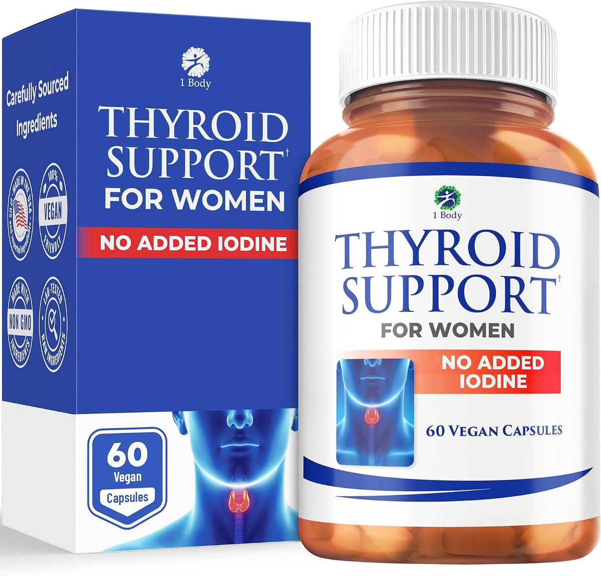 1 Body Thyroid Support for Women, No Added Iodine Formula, 60 Vegan Caps