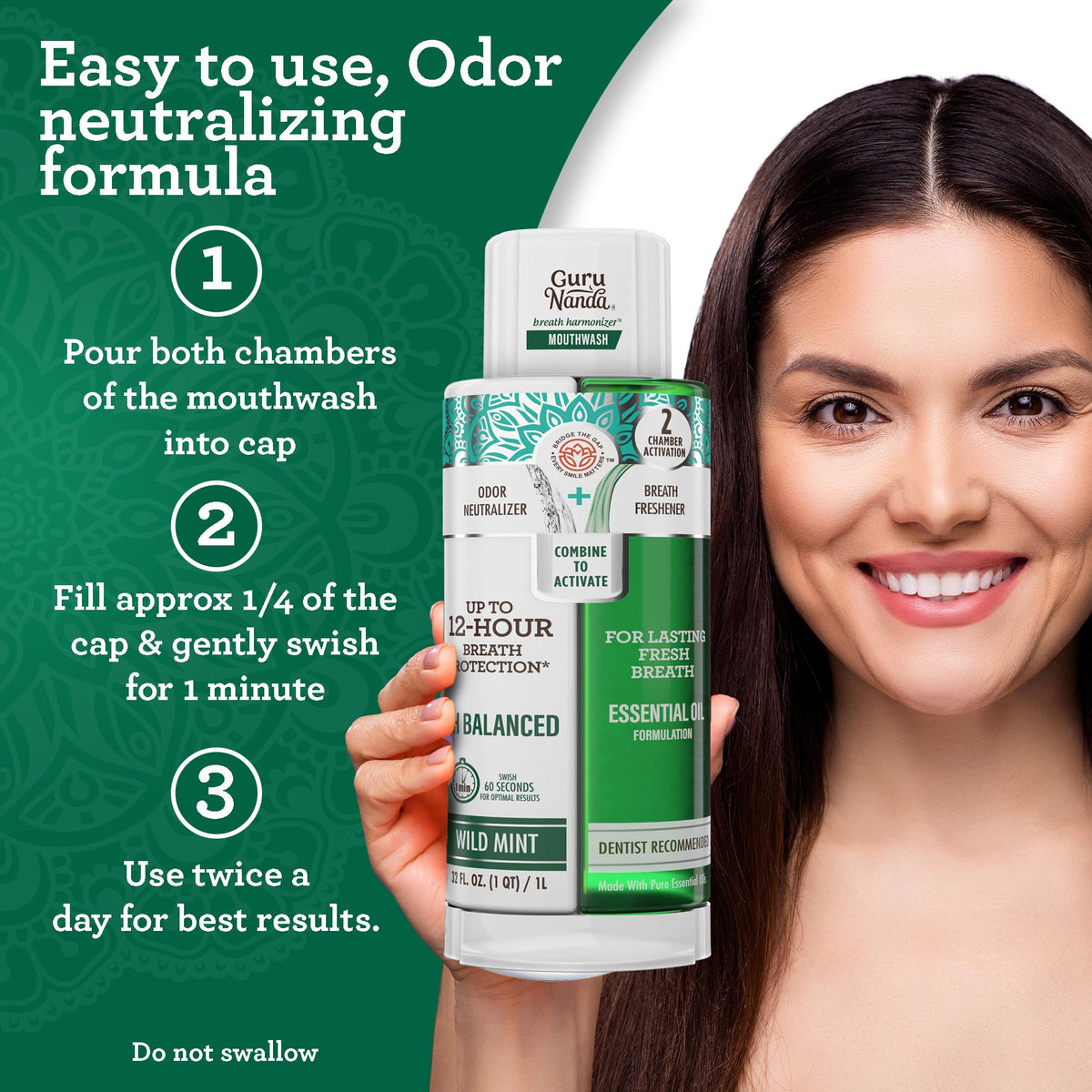 GuruNanda Dual Barrel Fresh Breath Mouthwash with Xylitol, Mint, 3x20 oz