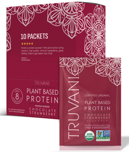 Truvani Organic Plant Based Protein Powder | Strawberry | 10 Servings | Vegan | 20g Pea Protein | Single Serving Travel Packets | Keto | Gluten & Dairy Free | Low Carb