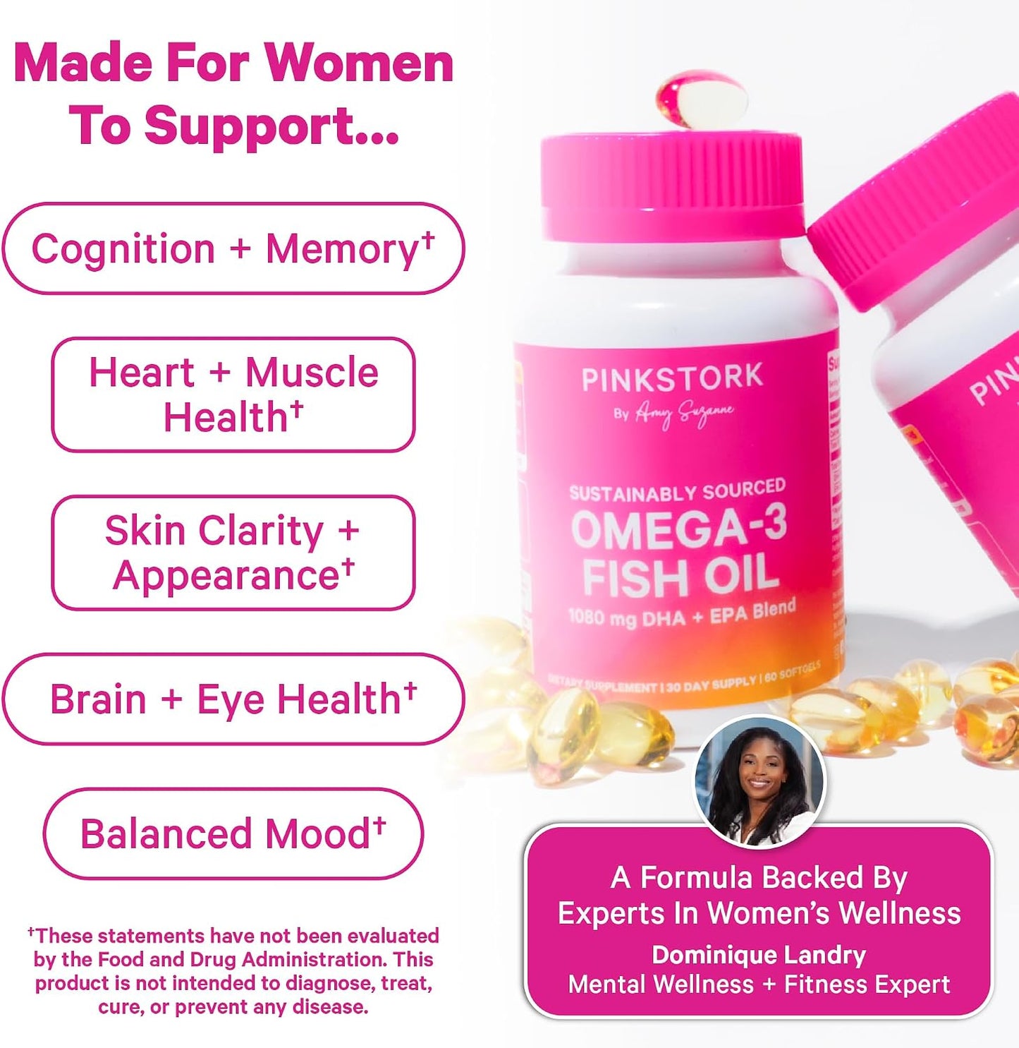 Pink Stork Omega 3 Fish Oil Supplements for Women, 60 Softgels | DHA + EPA, High Potency, Burpless, Mental Clarity, Cognitive Health, Fetal Brain + Nervous System Development, 2 Month Supply