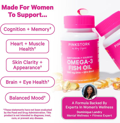 Pink Stork Omega 3 Fish Oil Supplements for Women, 60 Softgels | DHA + EPA, High Potency, Burpless, Mental Clarity, Cognitive Health, Fetal Brain + Nervous System Development, 2 Month Supply